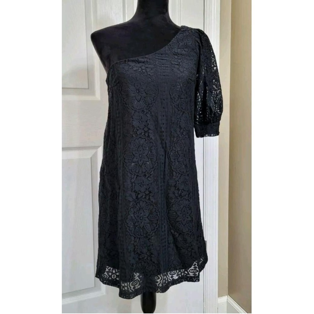 Entro Black Floral Lace One Shoulder Puff Sleeve Mini Dress D13512 Small NWT